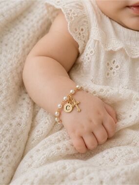 Personalized Initial Pearl Bracelet with Gold Cross Charm - Gold/White -custom